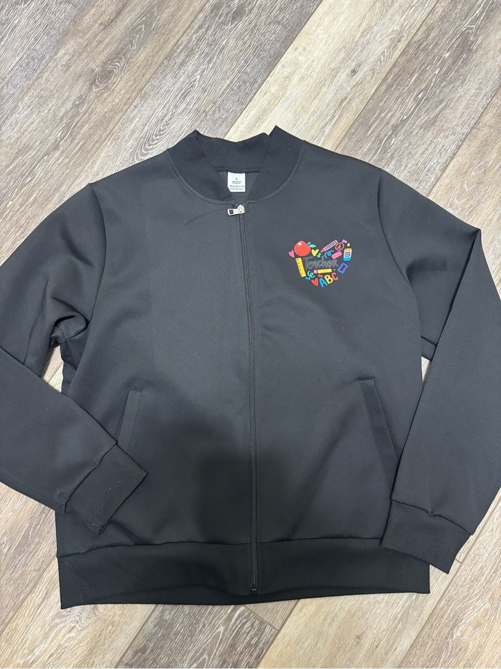 Black Zip-Up Jacket with Colorful School Embroidery